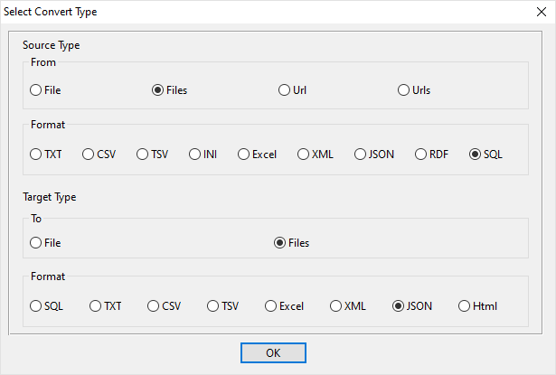 batch transform SQL files to JSON files - select type