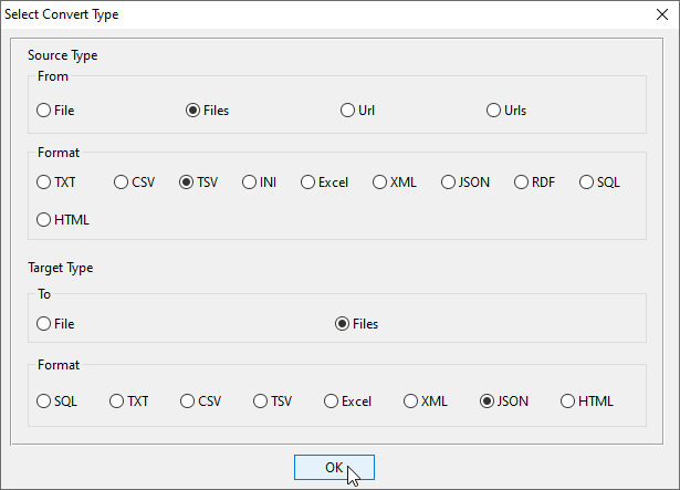 batch transform TSV files to JSON files - select type