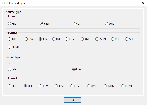 batch transform TSV files to TXT files - select type
