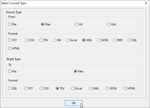 batch transform XML files to TSV files - select type