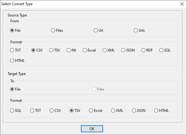 create TSV file by CSV file - select type