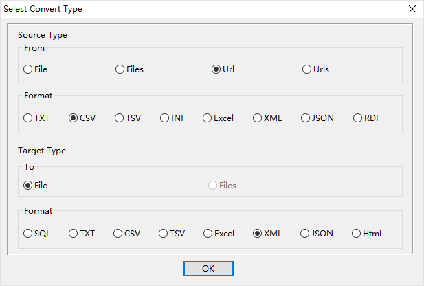 convert online CSV file to XML file - select type