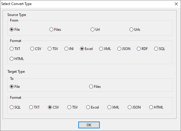 create CSV file by Excel file - select type