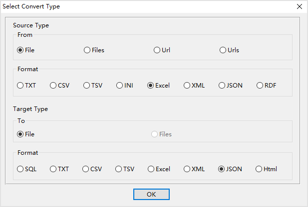 create JSON file by Excel file - select type