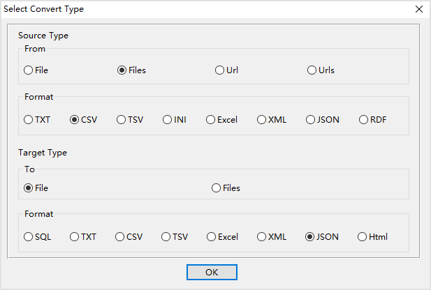 Combine multiple CSV files into one JSON file - select type