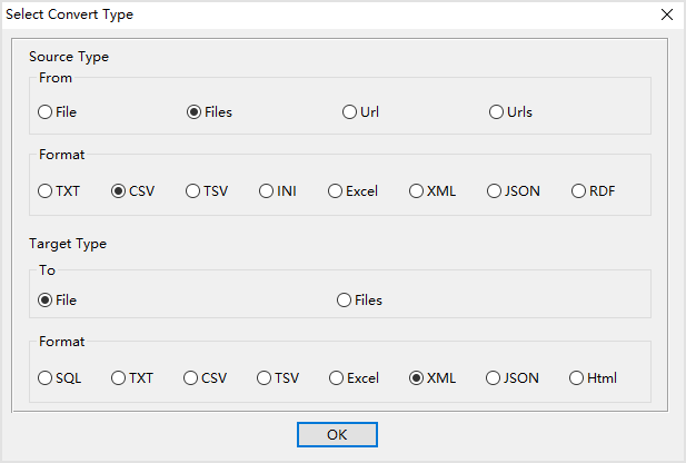 Combine multiple CSV files into one XML file - select type