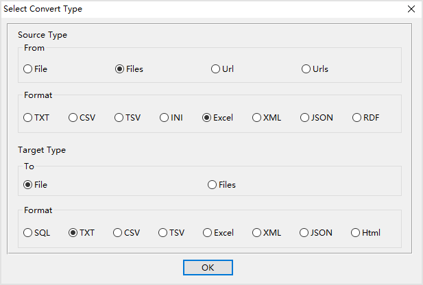 Combine multiple Excel files into one TXT file - select type