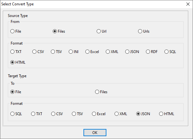 Combine multiple HTML files into one JSON file - select type
