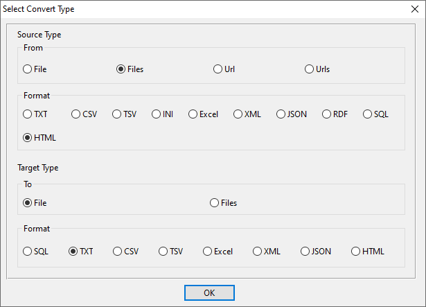 Combine multiple HTML files into one TXT file - select type