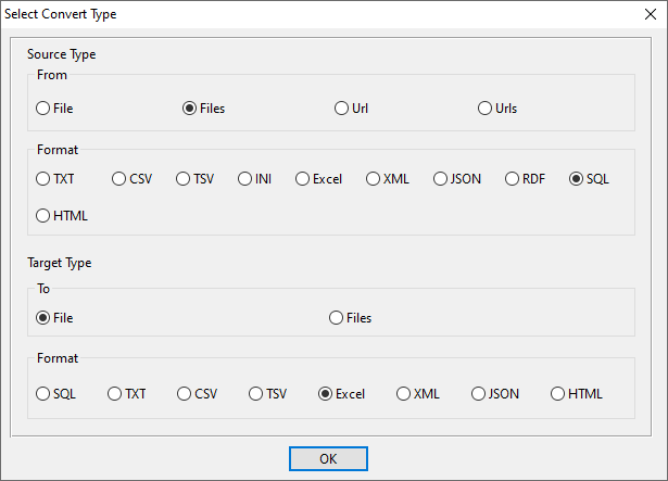 Combine multiple SQL files into one Excel file - select type