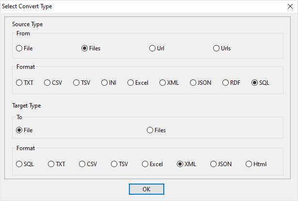 Combine multiple SQL files into one XML file - select type