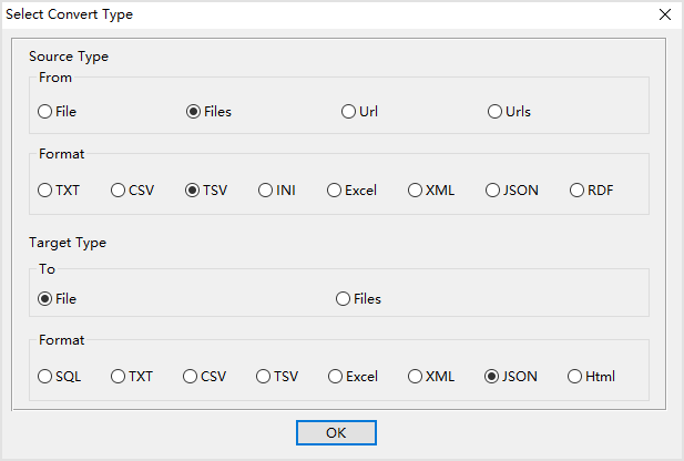 Combine multiple TSV files into one JSON file - select type