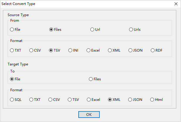 Combine multiple TSV files into one XML file - select type