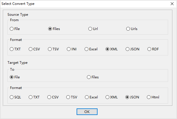 Combine multiple XML files into one JSON file - select type