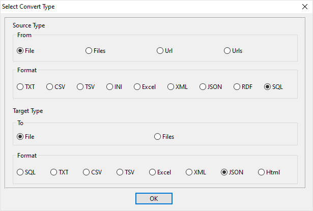 create JSON file by SQL file - select type