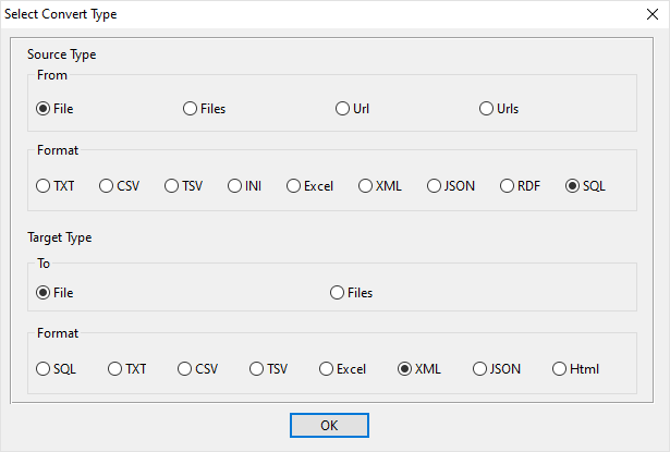 create XML file by SQL file - select type