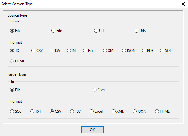 create CSV file by TXT file - select type