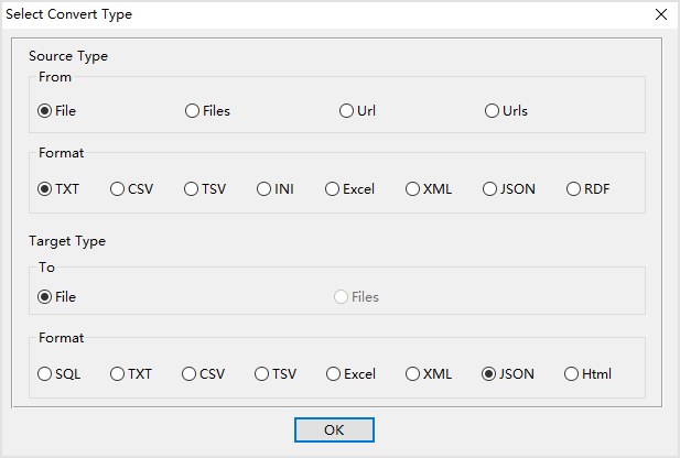 create JSON file by TXT file - select type