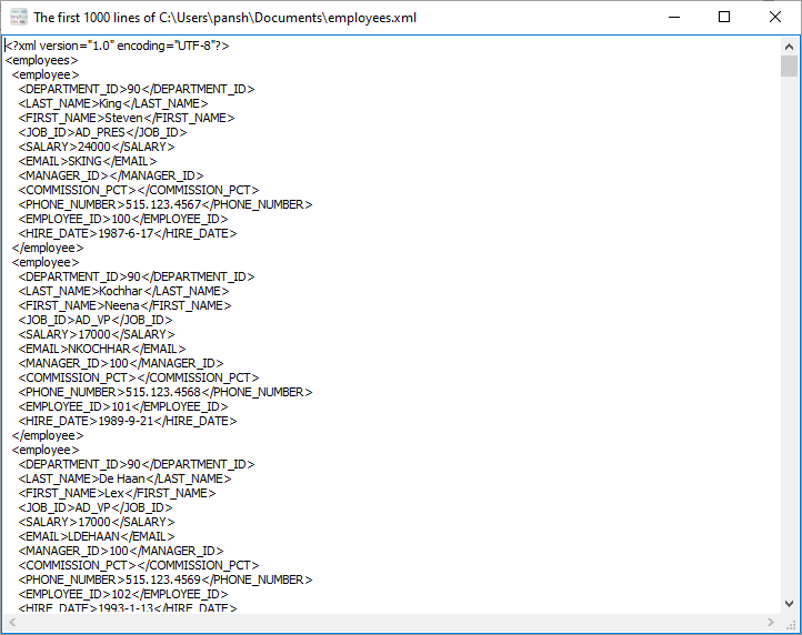 Convert CSV file to XML file - view XML file