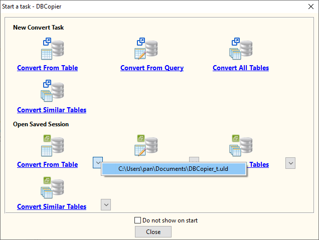 Copy data between databases - load session button