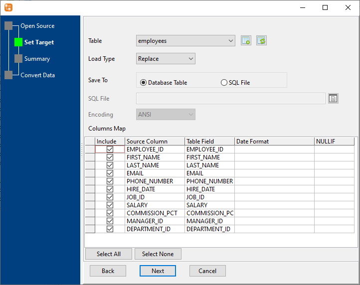 Copy data from query to table - set target table
