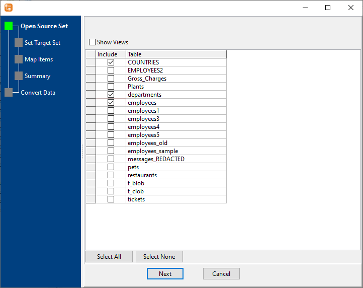 Copy several tables data in one time - source tables