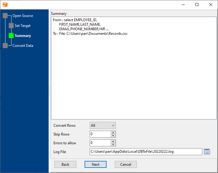 Export data from database Query To File - summary