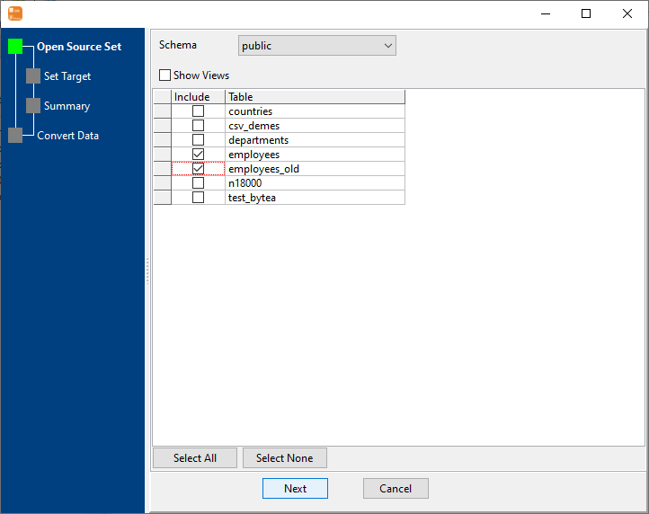 Convert data from multiple PostgreSQL tables to 1 MongoDB collection - select tables