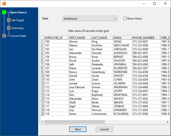 Import data from relational databases Table To MongoDB Collection - select source table