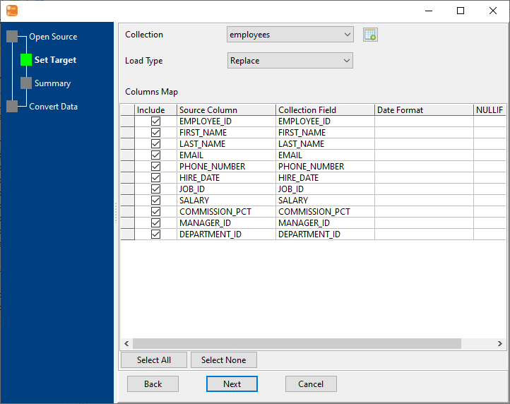 Extract PostgreSQL table data to MongoDB collection - select collection