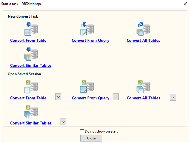 Import data from relational databases Table To MongoDB Table - task window