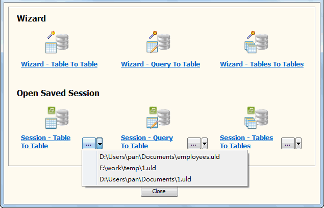 Copy PostgreSQL data - load session button