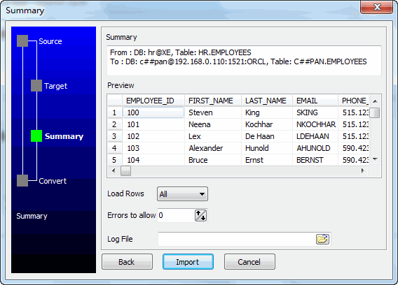 Copy Oracle data from table to table - preview
