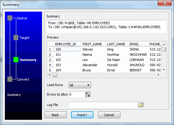 Copy Oracle data - preview