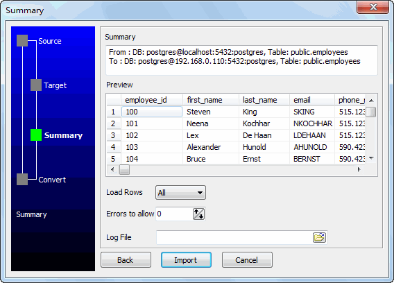 Copy PostgreSQL data - preview