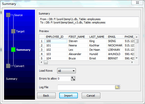 Copy SQLite data - preview