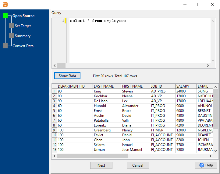 Convert data from Oracle  query results to SQLite  table - open query results