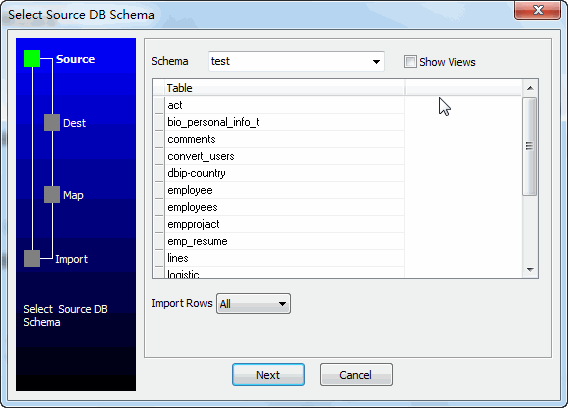 select Mysql schema and tables to export