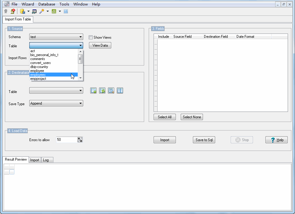 choice Oracle table to export