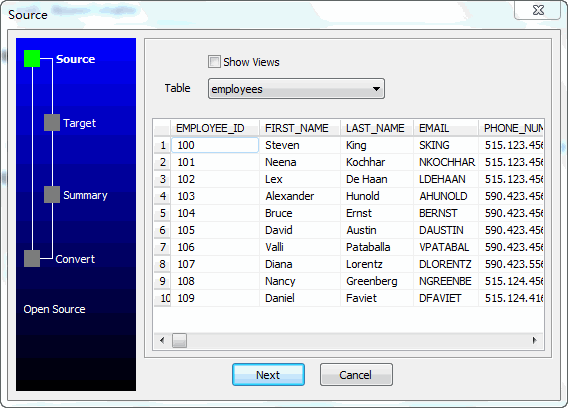 Import data from SQLite Table To Oracle Table - select source table