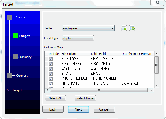 Import data from SQLite Table To Oracle Table - select target table