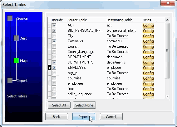 Batch import data from Access tables to PostgreSQL tables - select tables