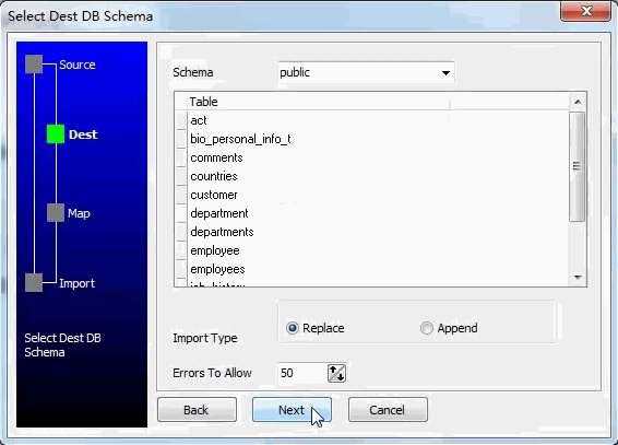 Batch extract data from Access tables to PostgreSQL tables - select destination schema