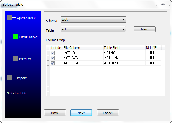 Access to MySQL wizard - select table