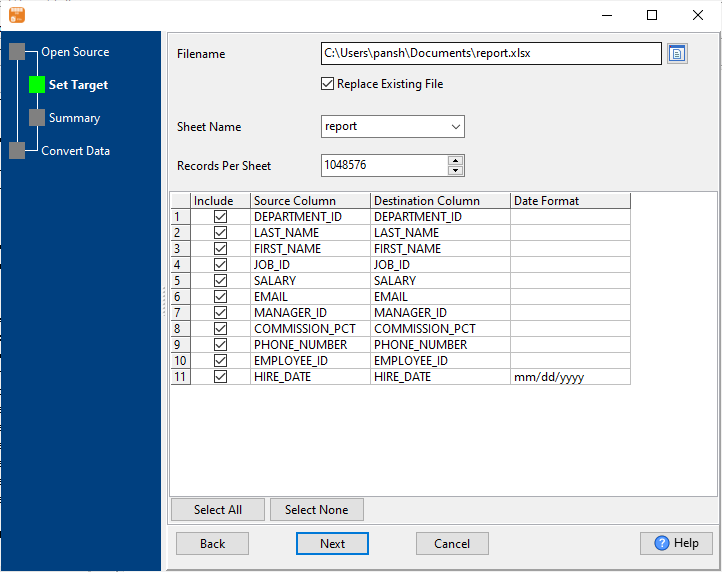 Create an Excel report based on DBF  (dBase, FoxBase, FoxPro) Query Records - enter file name