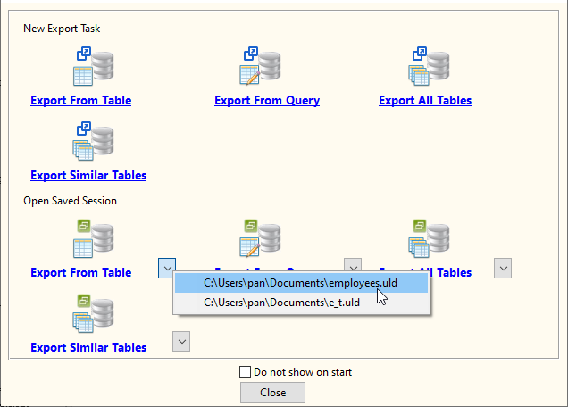 PostgreSQL To Excel - load session button