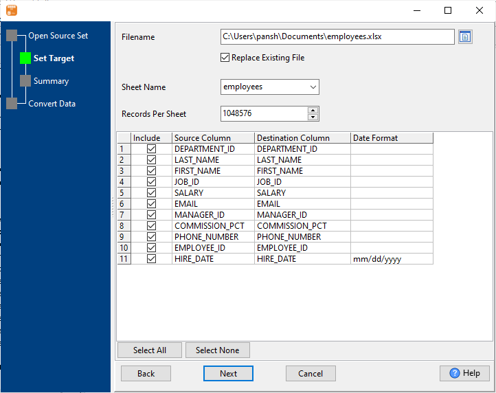 Extract data from Similar PostgreSQL  Tables To 1 Excel workbook sheet - enter file name