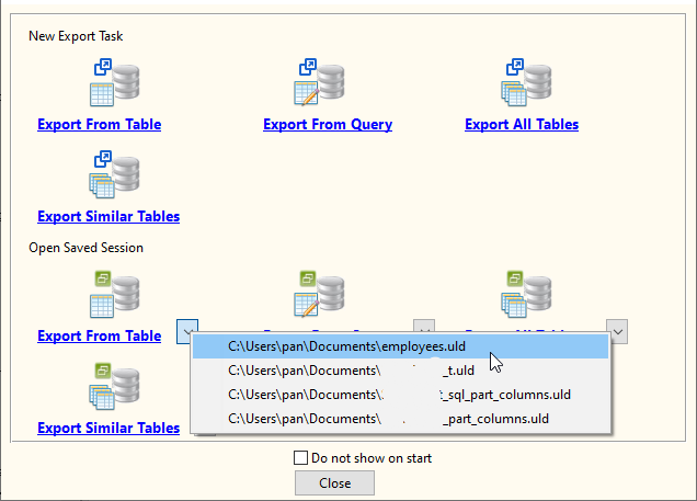 PostgreSQL To Files - load session button