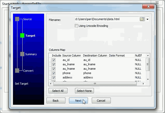Extract data from PostgreSQL Query Results To Html File - enter file name