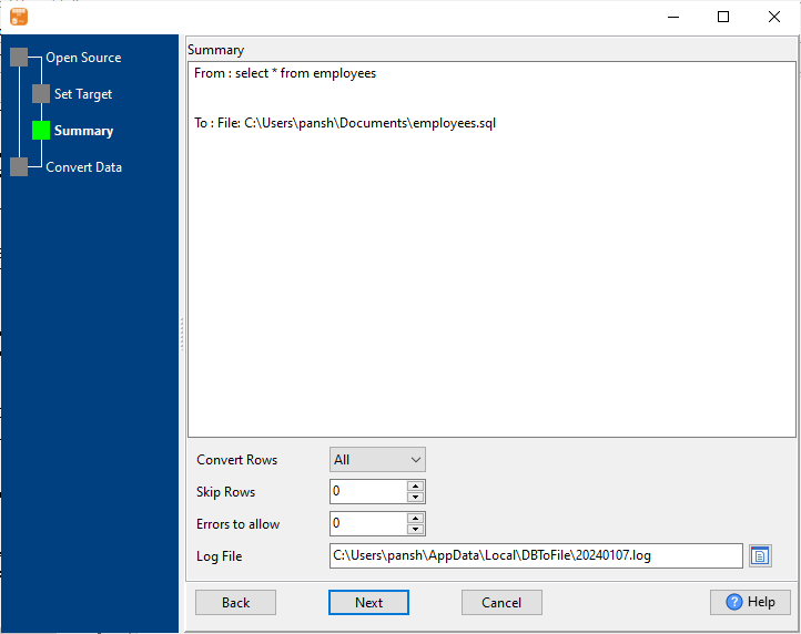 Convert data from Access  Query ResultSet To SQL File - summary